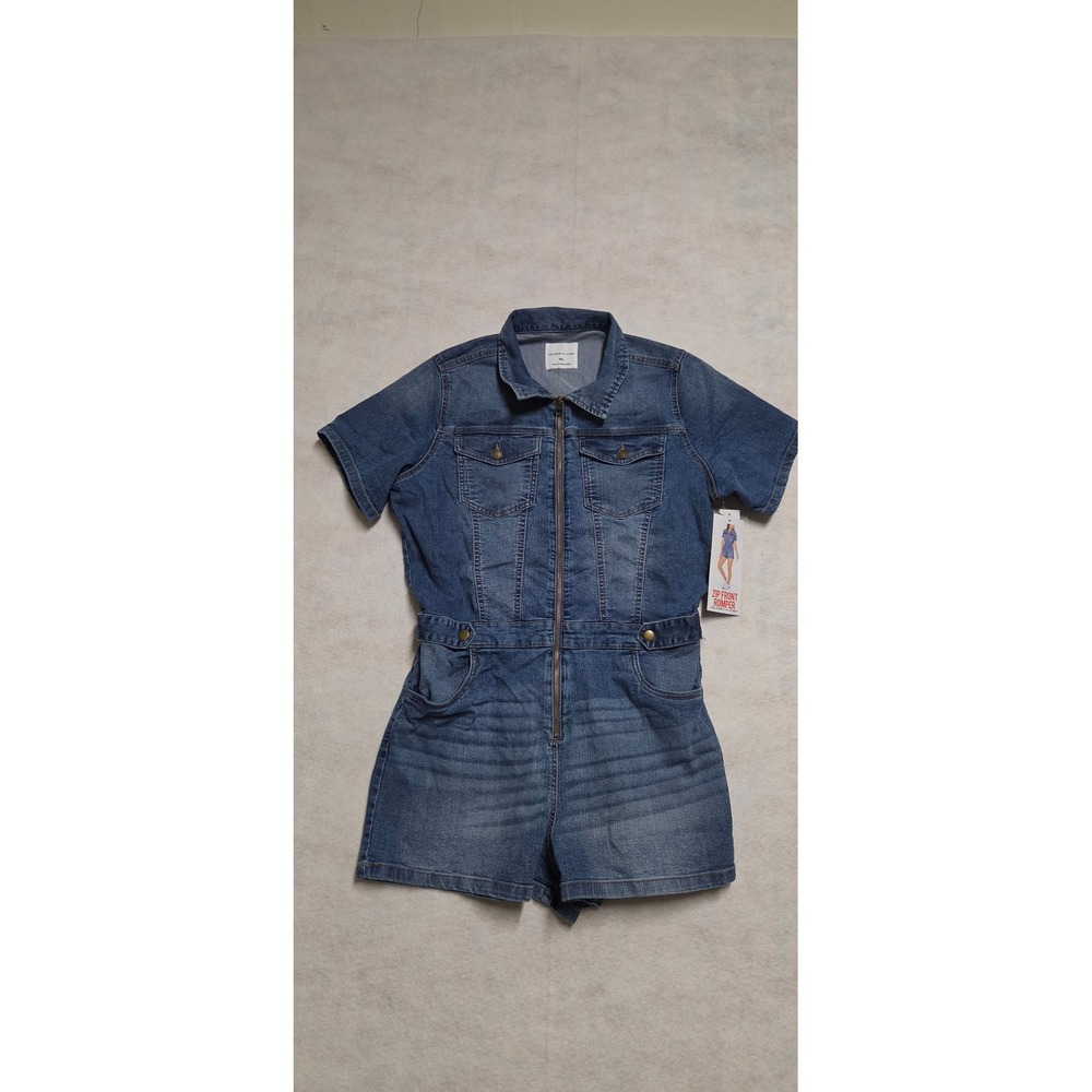 Celebrity Pink Zip Front Romper XXL Blue Denim Short Sleeve Jumpsuit